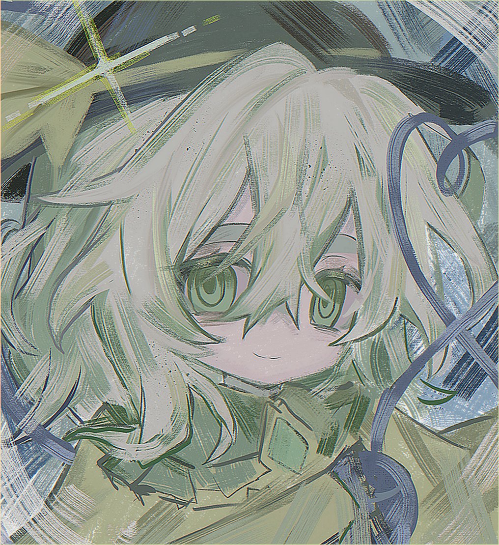 komeiji koishi, touhou, hashtag-only commentary, 1girl, bags under eyes, black hat, blue background, buttons, collared shirt, diamond button, empty eyes, green eyes, green hair, hair between eyes, hat, hat ribbon, long sleeves, looking at viewer, muted color, pipipi chamu, portrait, ribbon, shirt, short hair, smile, solo, sparkle, thick eyebrows, third eye, wavy hair, yellow ribbon, yellow shirt