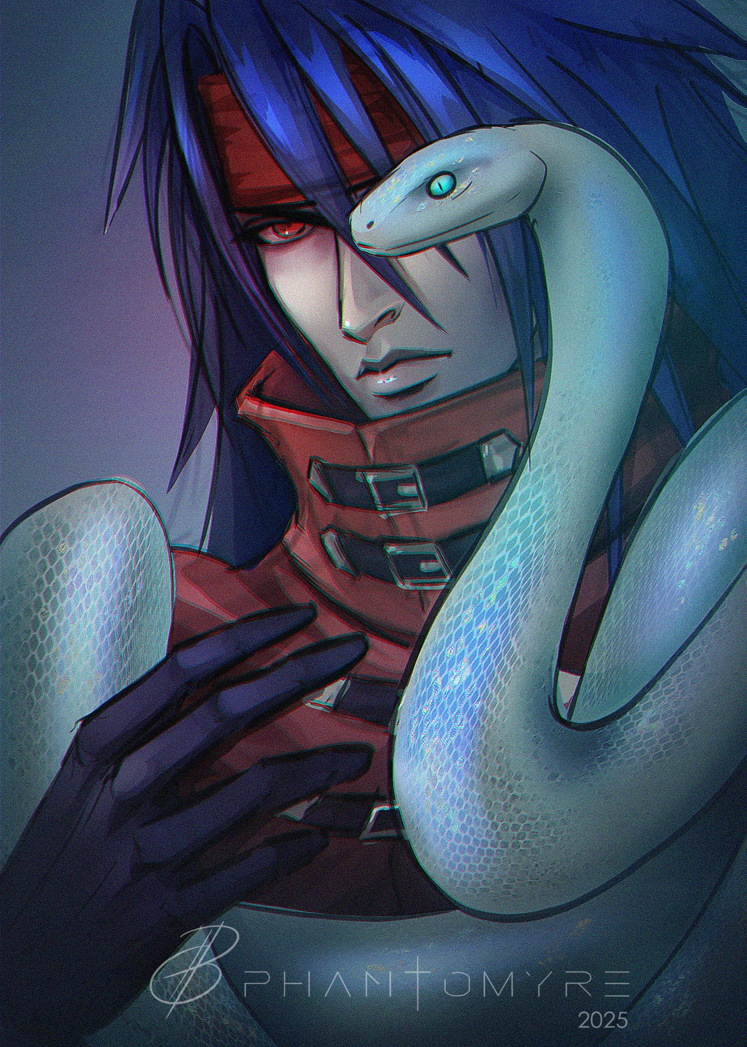phantomyre, vincent valentine, final fantasy, final fantasy vii, final fantasy vii rebirth, final fantasy vii remake, hashtag-only commentary, highres, 1boy, 2025, artist name, belt buckle, black gloves, black hair, buckle, chinese zodiac, cloak, closed mouth, gloves, green eyes, hair between eyes, headband, lips, long hair, male focus, red cloak, red eyes, red headband, signature, slit pupils, snake, spiked hair, upper body, year of the snake