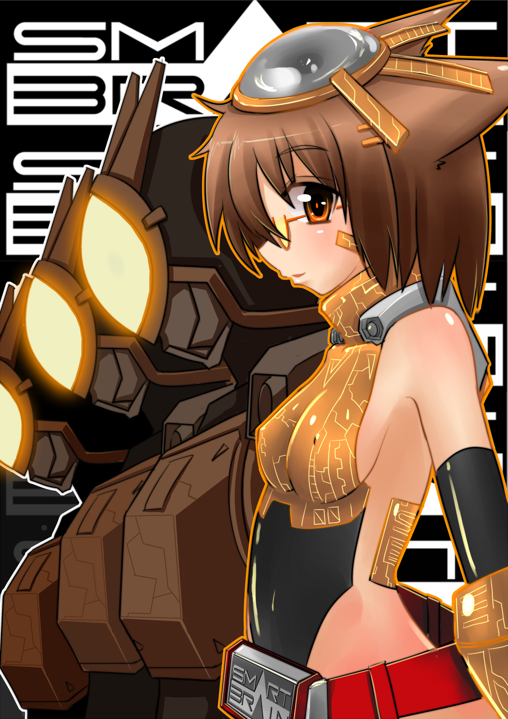 ddn, ditienan ddn, rider-tan, riotrooper, kamen rider, kamen rider 555, highres, 1girl, armor, bare shoulders, belt, blush, breasts, brown armor, brown eyes, brown hair, female focus, glasses, hair ornament, hairclip, headgear, looking at viewer, looking back, medium breasts, open mouth, personification, power armor, red belt, short hair, solo, yellow eyes