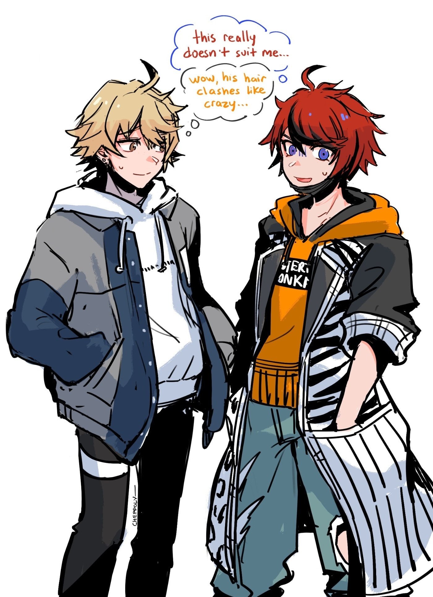 cheppo, kanade rindo, sumino takumi, shin subarashiki kono sekai, subarashiki kono sekai, the hundred line -last defense academy-, commentary, english commentary, highres, 2boys, ahoge, black coat, black pants, black streaks, blonde hair, blue eyes, blue pants, brown eyes, coat, cosplay, costume switch, cowboy shot, crossover, english text, grey jacket, hands in pockets, hood, hood down, hoodie, jacket, looking at another, looking to the side, male focus, mask, mouth mask, multicolored coat, multicolored hair, multiple boys, orange hoodie, pants, red hair, short hair, simple background, speech bubble, streaked hair, sweatdrop, thought bubble, two-tone coat, white background, white coat, white hoodie