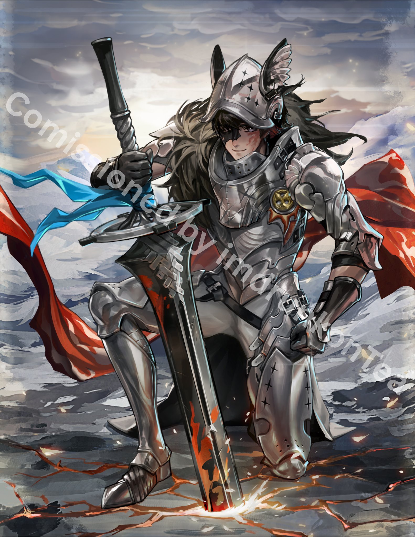 imdrunkontea, j (reverse:1999), reverse:1999, commission, highres, second-party source, 1boy, animal ear helmet, animal helmet, armor, armored boots, black gloves, black hair, black mask, boots, breastplate, burn scar, cape, crack, cracked floor, elbow pads, full body, gloves, greatsword, grey eyes, hand on hilt, helmet, looking at viewer, male focus, mask over one eye, mountain, official alternate costume, on one knee, outdoors, overcast, planted, planted sword, planted weapon, red cape, scar, scar on face, short hair, shoulder armor, sky, smile, solo, sword, watermark, weapon