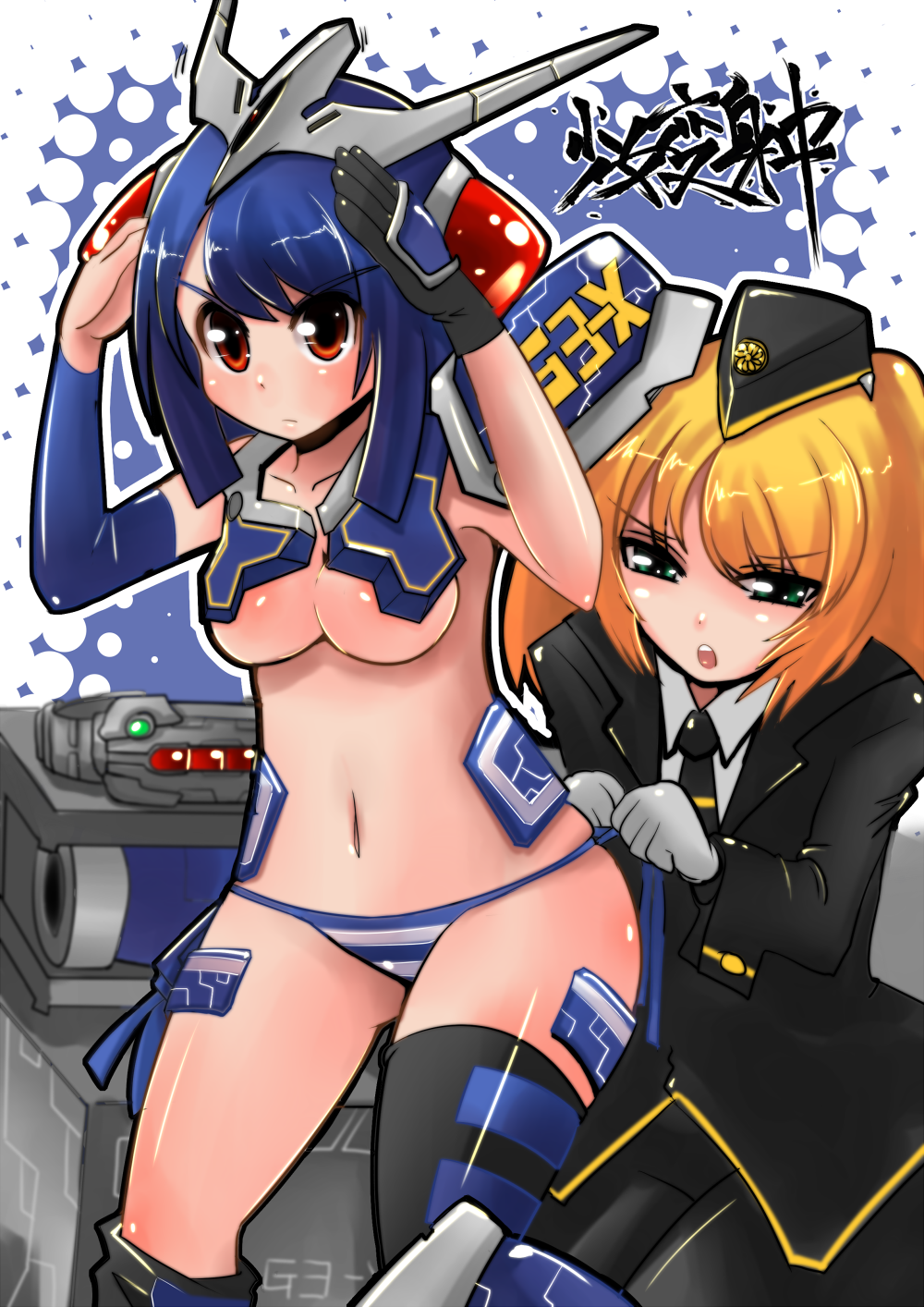 ddn, ditienan ddn, kamen rider g3, kamen rider g3-x, rider-tan, kamen rider, kamen rider agito (series), blue footwear, highres, 2girls, angry, armor, armored boots, asymmetrical legwear, belt, black gloves, black hat, black jacket, black necktie, black pants, black thighhighs, blonde hair, blue armor, blue background, blue hair, blush, boots, breasts, detached sleeves, dressing another, gloves, green eyes, hands on own head, hat, headpiece, horns, jacket, kneeling, long hair, long sleeves, looking down, medium breasts, mismatched legwear, multiple girls, necktie, open mouth, orange eyes, panties, pants, police, police uniform, policewoman, power armor, shirt, short hair, side-tie panties, single glove, single sleeve, single thighhigh, socks, striped clothes, striped panties, teeth, thighhighs, two-tone background, tying panties, underwear, white background, white gloves, white shirt