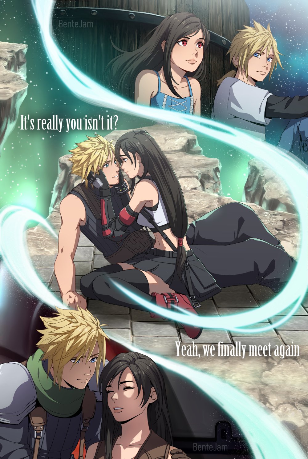 benteja, cloud strife, tifa lockhart, final fantasy, final fantasy vii, final fantasy vii remake, commentary, english commentary, highres, 1boy, 1girl, aged down, aqua dress, arm support, armor, baggy pants, bare shoulders, black gloves, black hair, black skirt, black thighhighs, blonde hair, blue eyes, boots, breasts, crop top, dress, english text, eye contact, feet out of frame, fingerless gloves, from side, gloves, green scarf, hands on another's cheeks, hands on another's face, lifestream, light particles, long hair, looking at another, low-tied long hair, low ponytail, midriff, multiple views, navel, nibelheim, night, night sky, pants, parted lips, ponytail, profile, red boots, red eyes, ribbed sweater, scarf, shinra infantry uniform, shirt, short hair, shoulder armor, sitting, skirt, sky, sleeveless, sleeveless turtleneck, spiked hair, star (sky), starry sky, sundress, suspender skirt, suspenders, sweater, t-shirt, tank top, thighhighs, turtleneck, turtleneck sweater, unconscious, upper body, water tank, water tower, white shirt, white tank top, yokozuwari