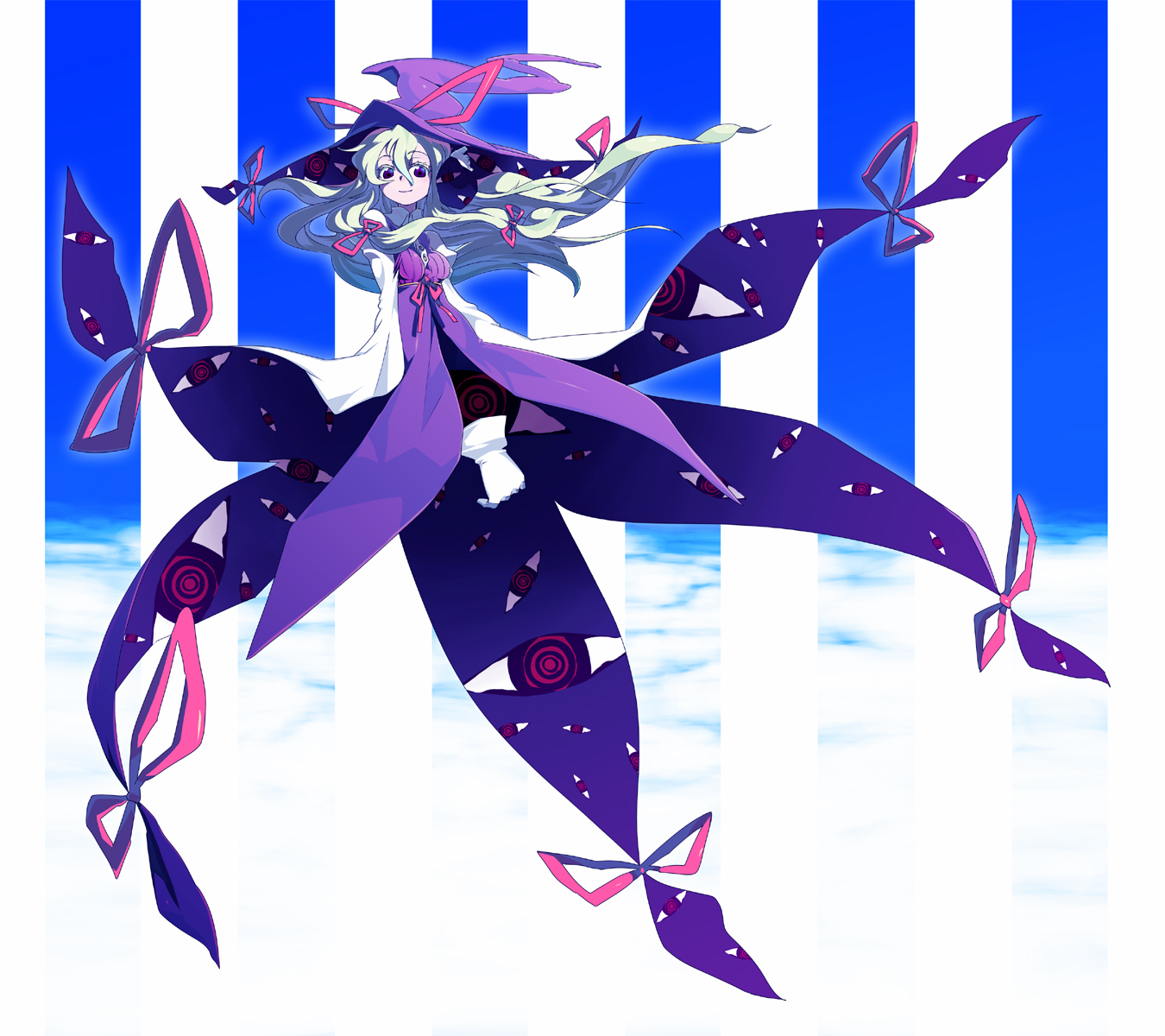 tsuru (artist), tsuru (clainman), kinkouseiba, yakumo yukari, houshin engi, touhou, striped, bad id, bad pixiv id, highres, 1girl, blonde hair, female focus, gap (touhou), gloves, hat, parody, purple eyes, ribbon, solo