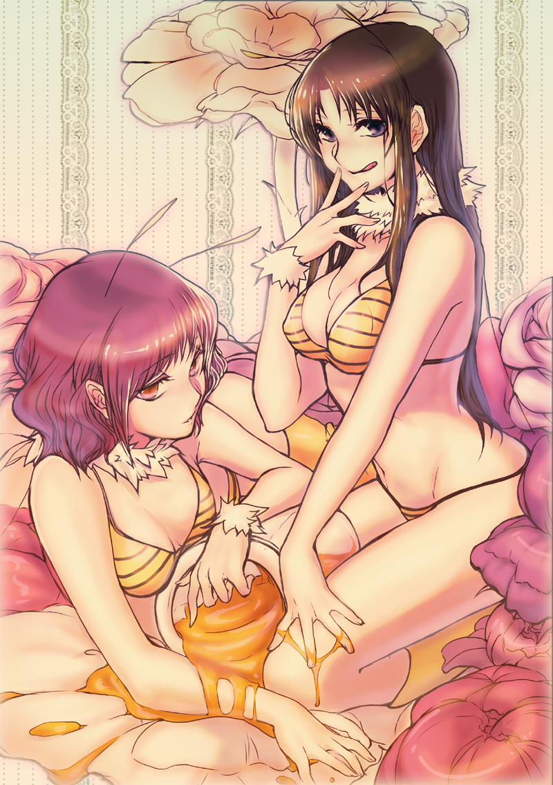 julion (akesuzu), original, bad id, bad pixiv id, 2girls, antennae, arthropod girl, bee girl, bikini, breasts, brown hair, cleavage, flower, honey, insect girl, large breasts, long hair, medium breasts, monster girl, multiple girls, purple eyes, red eyes, red hair, short hair, swimsuit, tongue, yuri