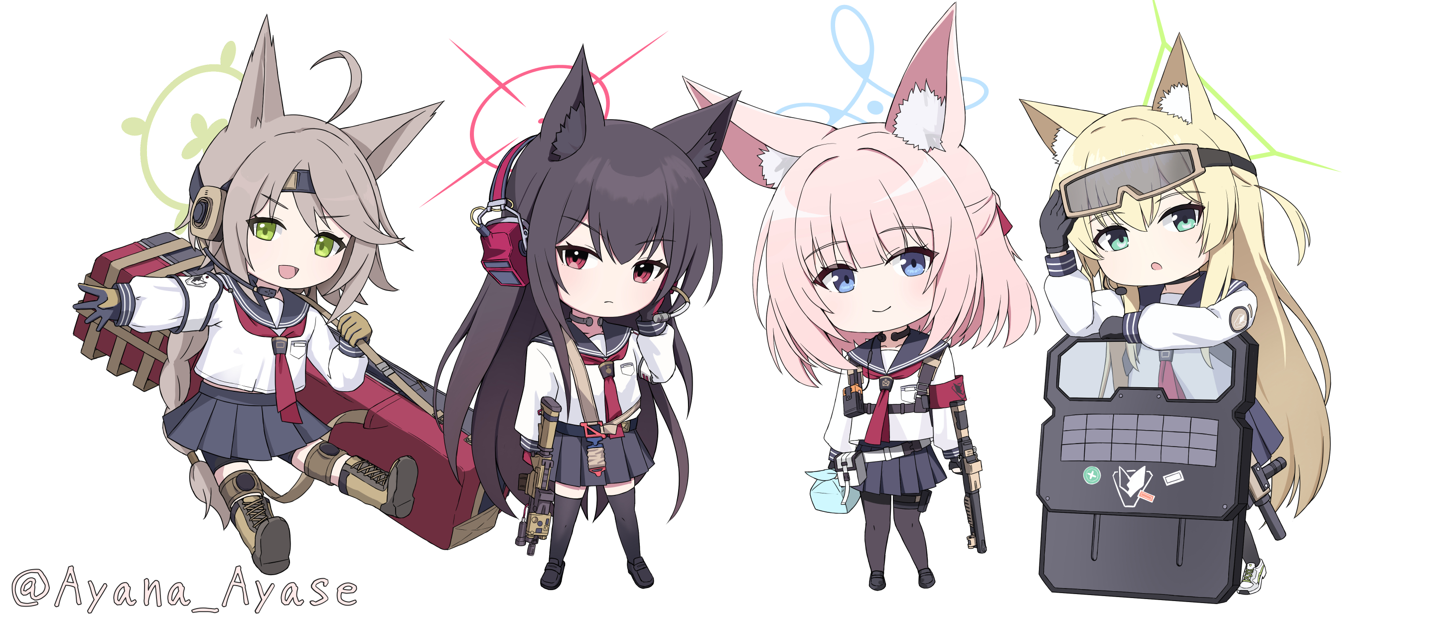 ayana ayase, kurumi (blue archive), niko (blue archive), otogi (blue archive), yukino (blue archive), blue archive, commentary request, highres, 4girls, :d, :o, adjusting eyewear, ahoge, animal ear fluff, animal ears, arm at side, armband, ballistic shield, black gloves, black pantyhose, black sailor collar, black shoes, black skirt, black thighhighs, blonde hair, blue eyes, blue halo, blunt bangs, boots, braid, braided ponytail, brown boots, brown hair, chibi, chibi inset, closed mouth, cross-laced shoes, eyes visible through hair, fox ears, fox girl, fox platoon (blue archive), frown, full body, gloves, goggles, goggles on head, green eyes, green halo, gun, hair between eyes, halo, hand up, holding, holding gun, holding weapon, lace-up boots, long hair, long sleeves, low ponytail, medium hair, miniskirt, multiple girls, open mouth, outstretched arm, outstretched hand, pantyhose, pink hair, pleated skirt, ponytail, red armband, red eyes, red halo, sailor collar, school uniform, serafuku, shield, shirt, shoes, simple background, skirt, smile, standing, swept bangs, thighhighs, twitter username, two side up, v-shaped eyebrows, very long hair, weapon, white background, white shirt, white shoes, zettai ryouiki