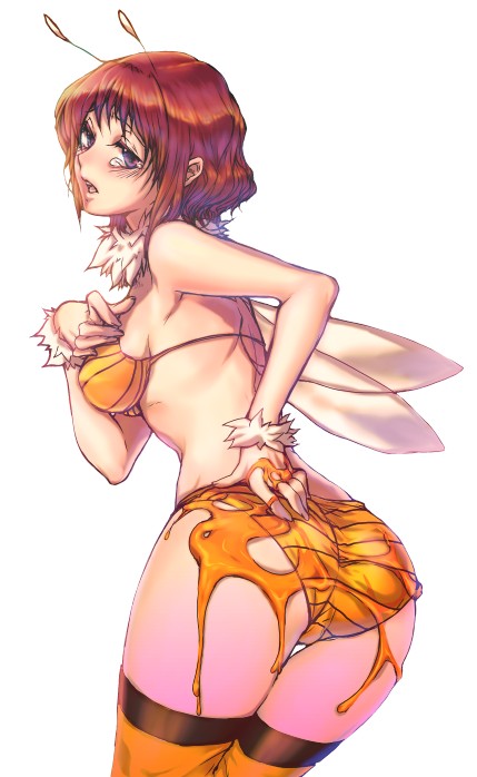 julion (akesuzu), original, bad id, bad pixiv id, 1girl, arthropod girl, ass, bee girl, bikini, blush, female focus, honey, insect girl, monster girl, orange bikini, purple eyes, red hair, short hair, simple background, solo, swimsuit, tears, thighhighs, white background, wings