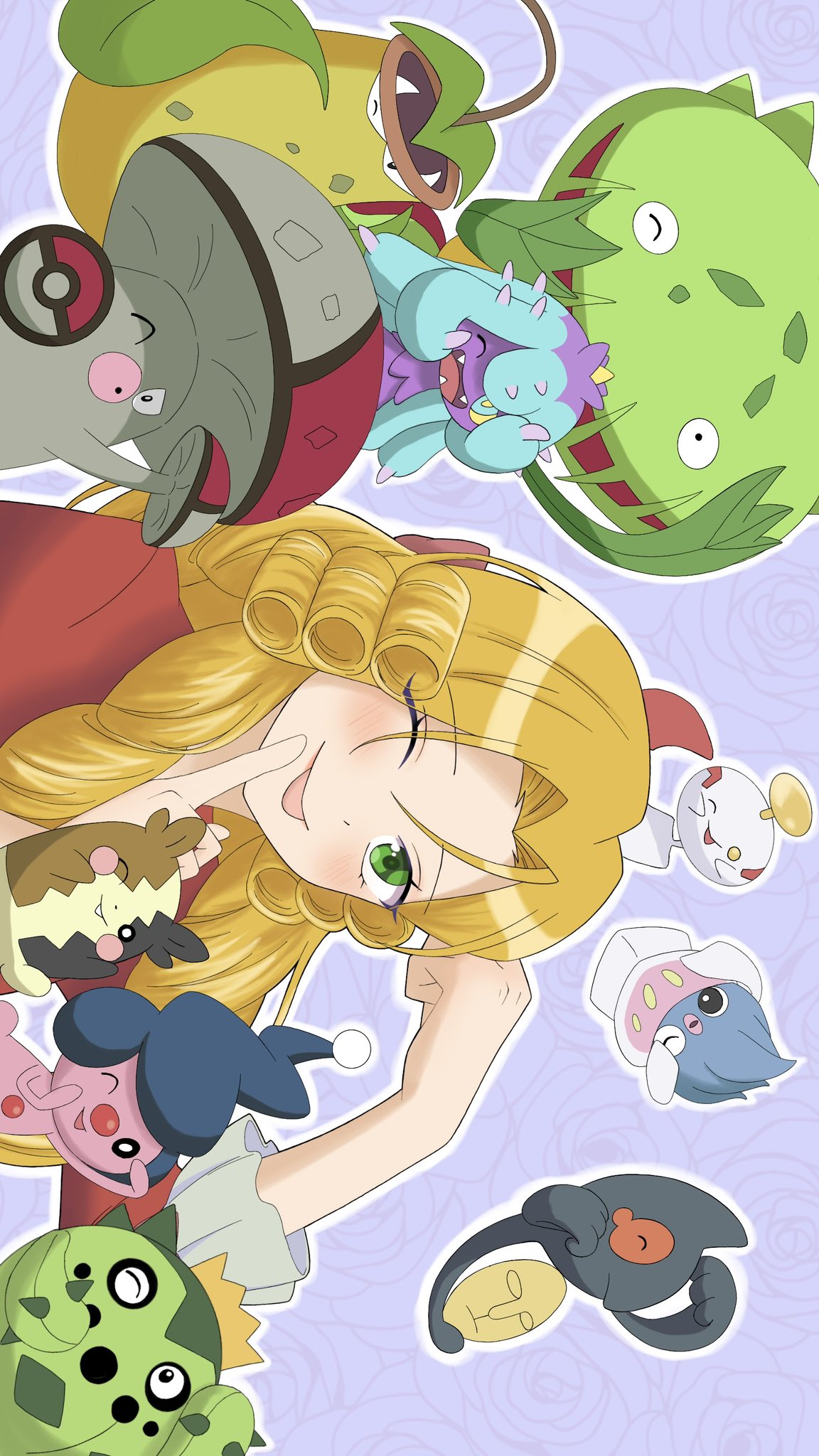 pupaltia231, amoonguss, cacnea, carnivine, chimecho, inkay, james (pokemon), mareanie, mime jr., morpeko, morpeko (full), victreebel, weezing, yamask, nintendo, pokemon, pokemon (anime), highres, 1boy, blush, crossdressing, dress, gen 1 pokemon, gen 3 pokemon, gen 4 pokemon, gen 5 pokemon, gen 6 pokemon, gen 7 pokemon, gen 8 pokemon, green eyes, looking at viewer, one eye closed, pokemon (creature), purple background, red dress, team rocket, tongue, tongue out, trap, wig