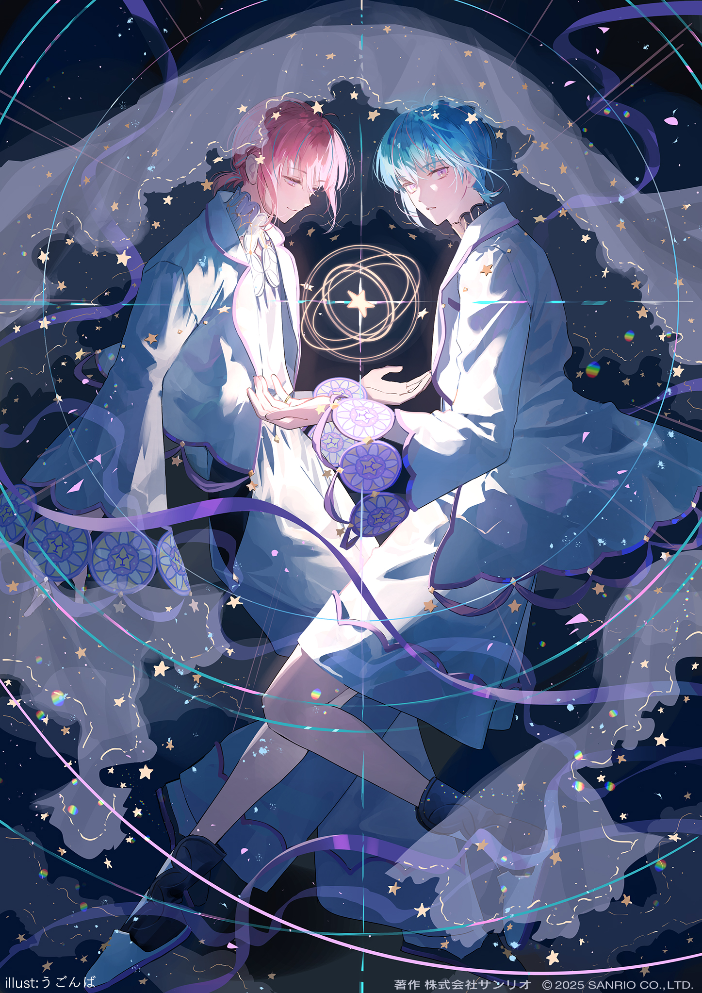 ugonba (howatoro), klarkstella (fragaria memories), louterstella (fragaria memories), fragaria memories, highres, official art, 2boys, androgynous, armillary sphere, artist name, black background, black boots, black shoes, blue hair, boots, braid, brothers, celestial globe, coat, copyright notice, curtains, full body, hand up, holding, holding star, jumpsuit, light smile, long sleeves, looking at object, looking at viewer, male focus, multicolored hair, multiple boys, parted lips, pink hair, pinky ring, ponytail, purple ribbon, purple trim, ribbon, see-through curtains, shoes, short hair, shorts, siblings, sidelocks, star (sky), star (symbol), streaked hair, twins, white coat, white shorts, wide sleeves
