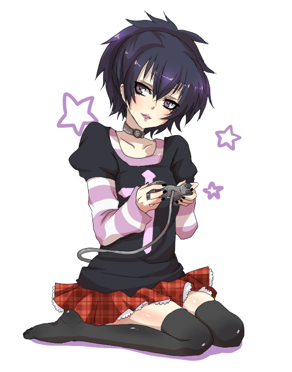 frederica sawyer, black lagoon, artist request, 00s, 1girl, choker, controller, electrolarynx, female focus, game console, game controller, goth fashion, gothic lolita, lolita fashion, long sleeves, miniskirt, plaid clothes, plaid skirt, playing games, playstation 2, purple eyes, purple hair, short hair, skirt, solo, thighhighs, video game, zettai ryouiki