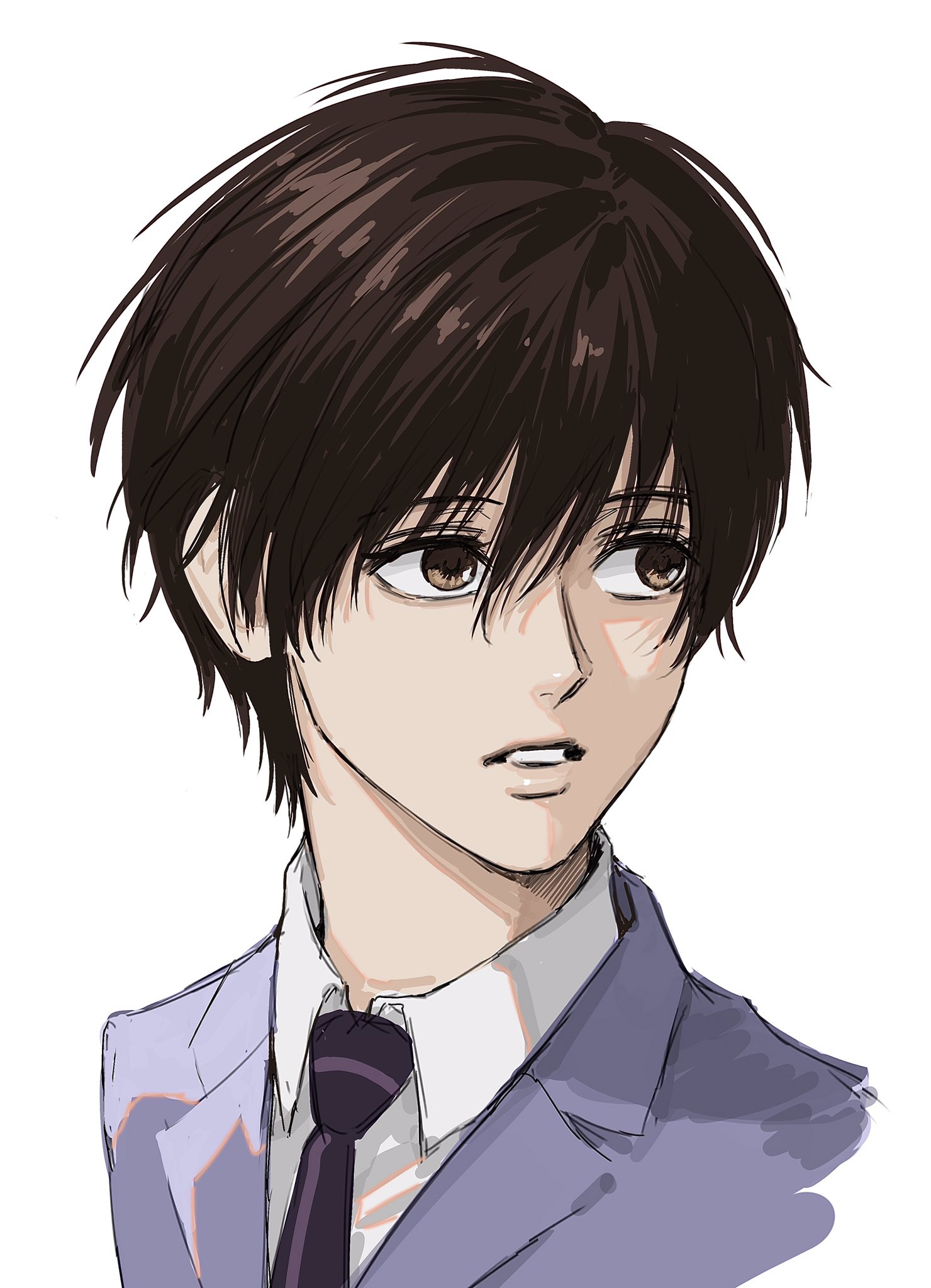 sso s, fujioka haruhi, ouran high school host club, highres, 1girl, brown eyes, brown hair, collared shirt, cropped shoulders, crossdressing, crossdressing (ftm), looking to the side, necktie, ouran high school uniform, parted lips, reverse trap, school uniform, shirt, short hair, simple background, solo, teeth, white background, white shirt