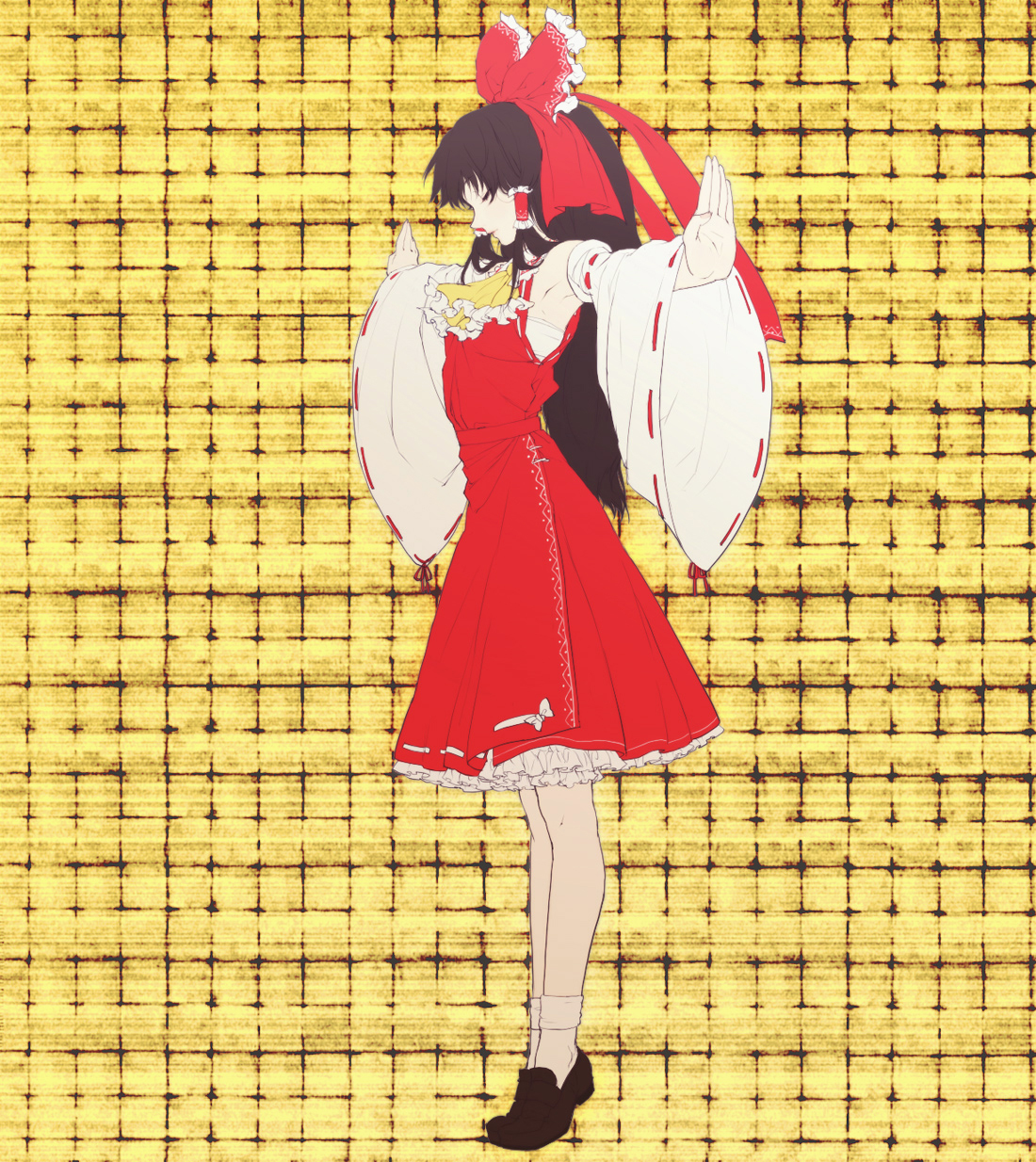 egawa satsuki, hakurei reimu, touhou, highres, 1girl, armpits, black hair, bow, closed eyes, detached sleeves, female focus, flat color, full body, hair bow, japanese clothes, long hair, miko, outstretched arms, ribbon, sarashi, solo, spread arms, tiptoes