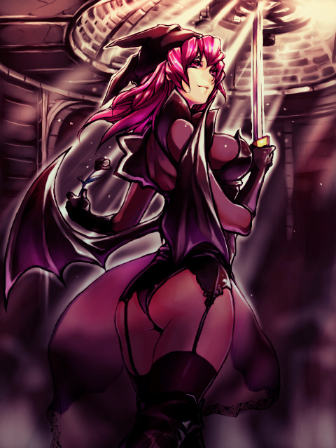 julion (akesuzu), kristell, succubus (mabinogi), mabinogi, bad id, bad pixiv id, 1girl, ass, demon girl, female focus, garter belt, hat, pink hair, solo, thighhighs, wings