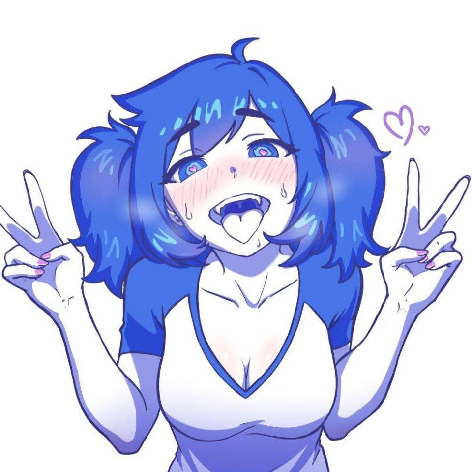 mimundoalex, original, commentary request, 1girl, ahegao, blue theme, blush, breasts, double v, heart, heart-shaped pupils, large breasts, limited palette, pink nails, raglan sleeves, solo, spanish commentary, sweat, symbol-shaped pupils, tongue, tongue out, twintails, upper body, v