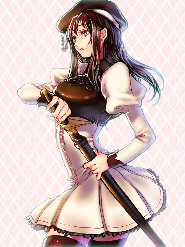 julion (akesuzu), player character (mabinogi), mabinogi, bad id, bad pixiv id, beret, black hair, dress, hat, long hair, red eyes, sheath, sheathed, solo, sword, thighhighs, unsheathing, weapon