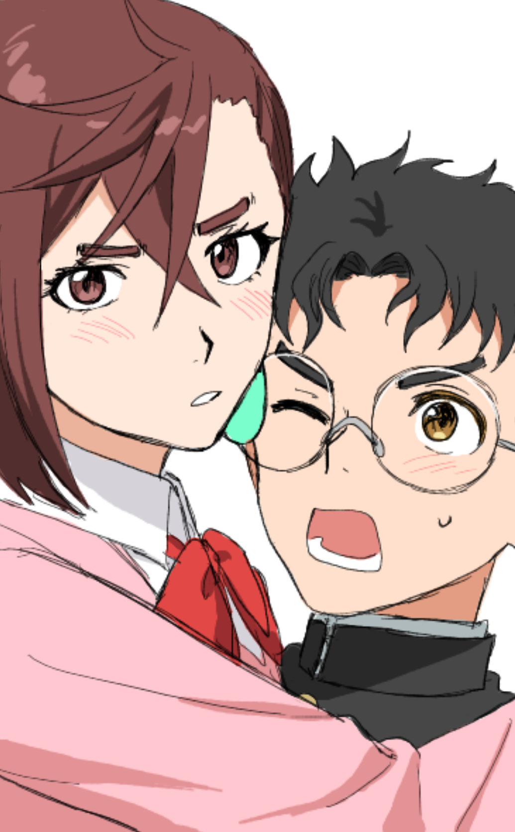 ayase momo, takakura ken (dandadan), dandadan, commentary, highres, 1boy, 1girl, black hair, black jacket, blush, bow, bowtie, brown eyes, brown hair, collared shirt, crossed bangs, earrings, gakuran, glasses, hair between eyes, heads together, hug, jacket, jewelry, kami high school uniform, looking at viewer, loose bowtie, one eye closed, open mouth, parted lips, pink sweater, red bow, red bowtie, round eyewear, school uniform, shirt, shirt under sweater, short hair, sitimoto, sweatdrop, sweater, upper body, white background, white shirt