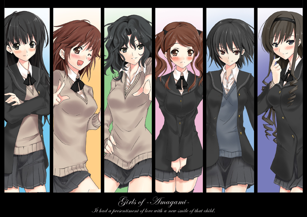 piromizu, ayatsuji tsukasa, morishima haruka, nakata sae, nanasaki ai, sakurai rihoko, tanamachi kaoru, amagami, 6+girls, black hair, blazer, blush, brown hair, column lineup, everyone, hairband, long hair, multiple girls, school uniform, short hair, skirt, sweater