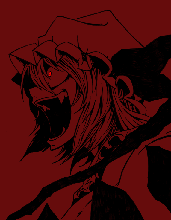 tori (artist), tori (hiyoko bazooka), flandre scarlet, touhou, 1girl, crazy eyes, fangs, female focus, glowing, glowing eyes, hat, laughing, monochrome, red eyes, red theme, short hair, solo, spot color, yandere