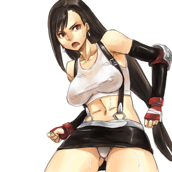 gus (clarkii), tifa lockhart, final fantasy, final fantasy vii, square enix, bad id, bad pixiv id, 1990s (style), 1girl, black hair, breasts, covered erect nipples, earrings, elbow gloves, female focus, fingerless gloves, gloves, jewelry, long hair, miniskirt, panties, pantyshot, pencil skirt, red eyes, retro artstyle, sketch, skirt, solo, suspender skirt, suspenders, sweat, tank top, underwear