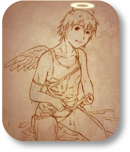 aaru sentou shuudan, rakka (haibane renmei), haibane renmei, 00s, 1girl, androgynous, bare shoulders, barefoot, bikini, brown theme, female focus, halo, kneeling, monochrome, rounded corners, short hair, solo, static cling, swimsuit, traditional halo, undressing, wet, wings