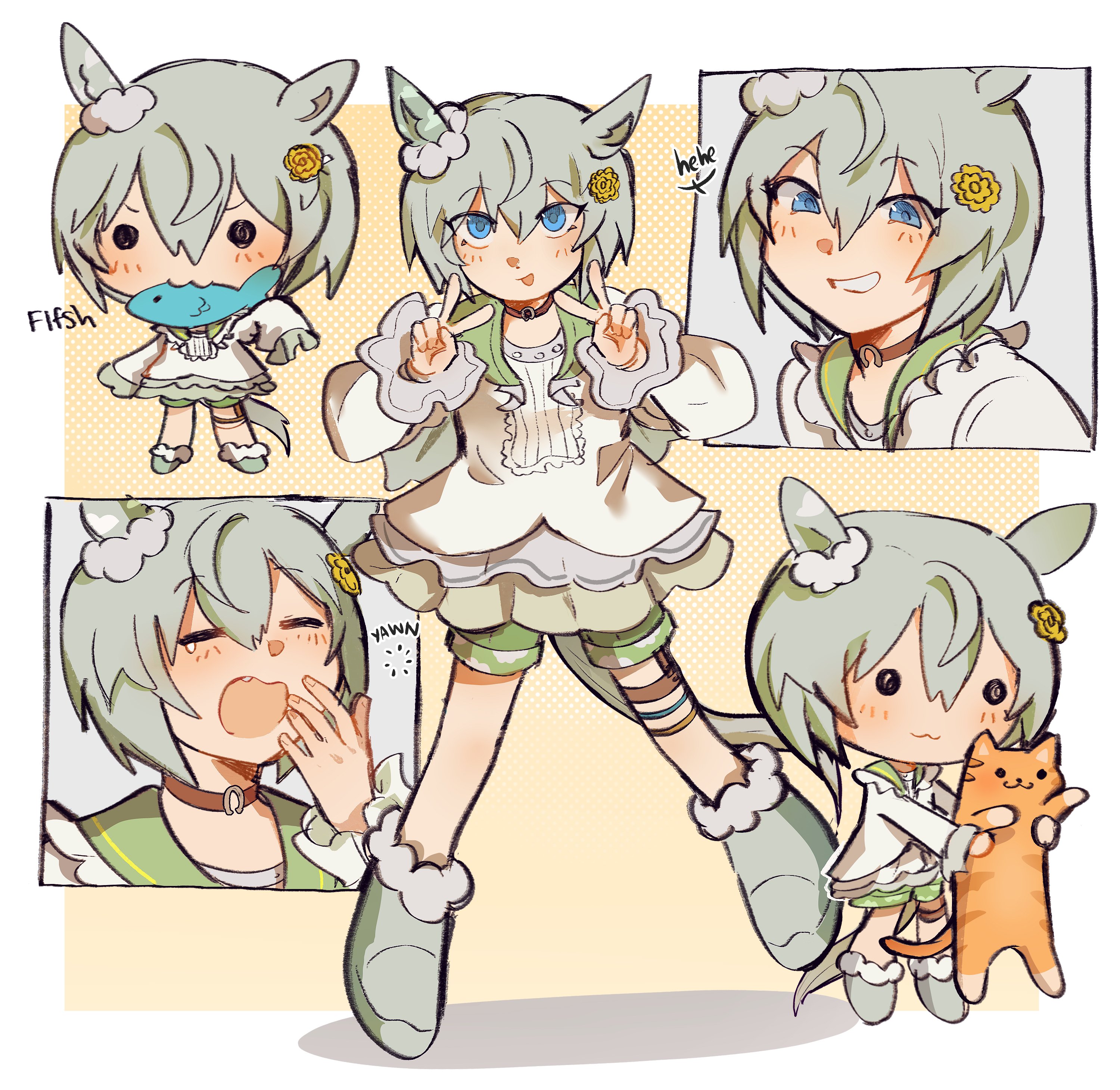 wuzeio, seiun sky (reeling in the big one) (umamusume), seiun sky (umamusume), umamusume, absurdres, highres, 1girl, animal, animal ears, blue eyes, blush, brown choker, cat, choker, double v, ear covers, fish, flower, green sailor collar, green shorts, grey hair, hair between eyes, hair flower, hair ornament, hairclip, holding, holding animal, holding cat, horse ears, horse girl, horse tail, long sleeves, looking at viewer, open mouth, sailor collar, shirt, shoes, short hair, shorts, single ear cover, skirt, smile, solid circle eyes, sunflower, sunflower hair ornament, tail, v, white shirt, yawning