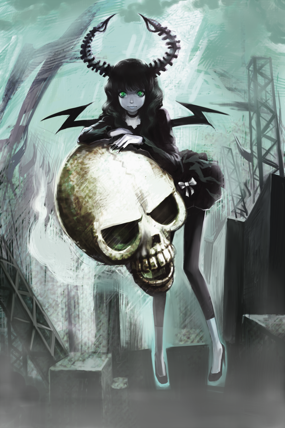 hatikou, dead master, black rock shooter, bad id, bad pixiv id, highres, 10s, black dress, black hair, black leggings, curly hair, demon wings, dress, fingernails, green eyes, horns, leggings, ribbon, skull, solo, wings