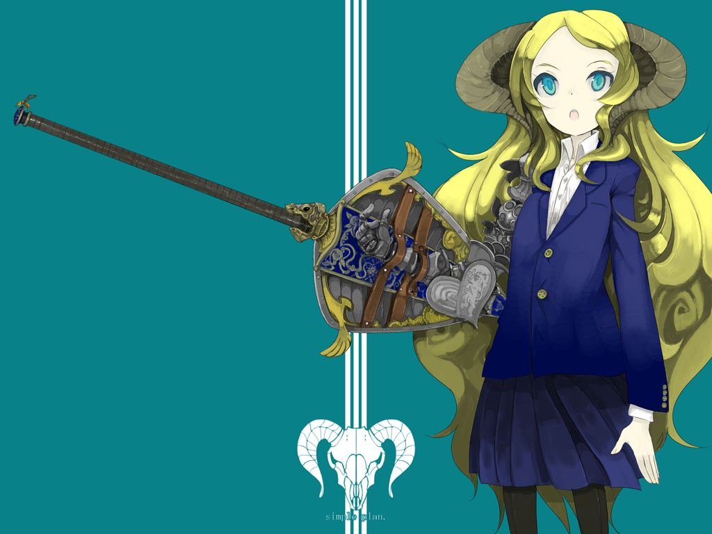 enchi, original, armor, blonde hair, blue eyes, blue hair, bug, gauntlets, horns, long hair, open mouth, pantyhose, scabbard, school uniform, sheath, shield, skirt, solo, sword, very long hair, wavy hair, weapon