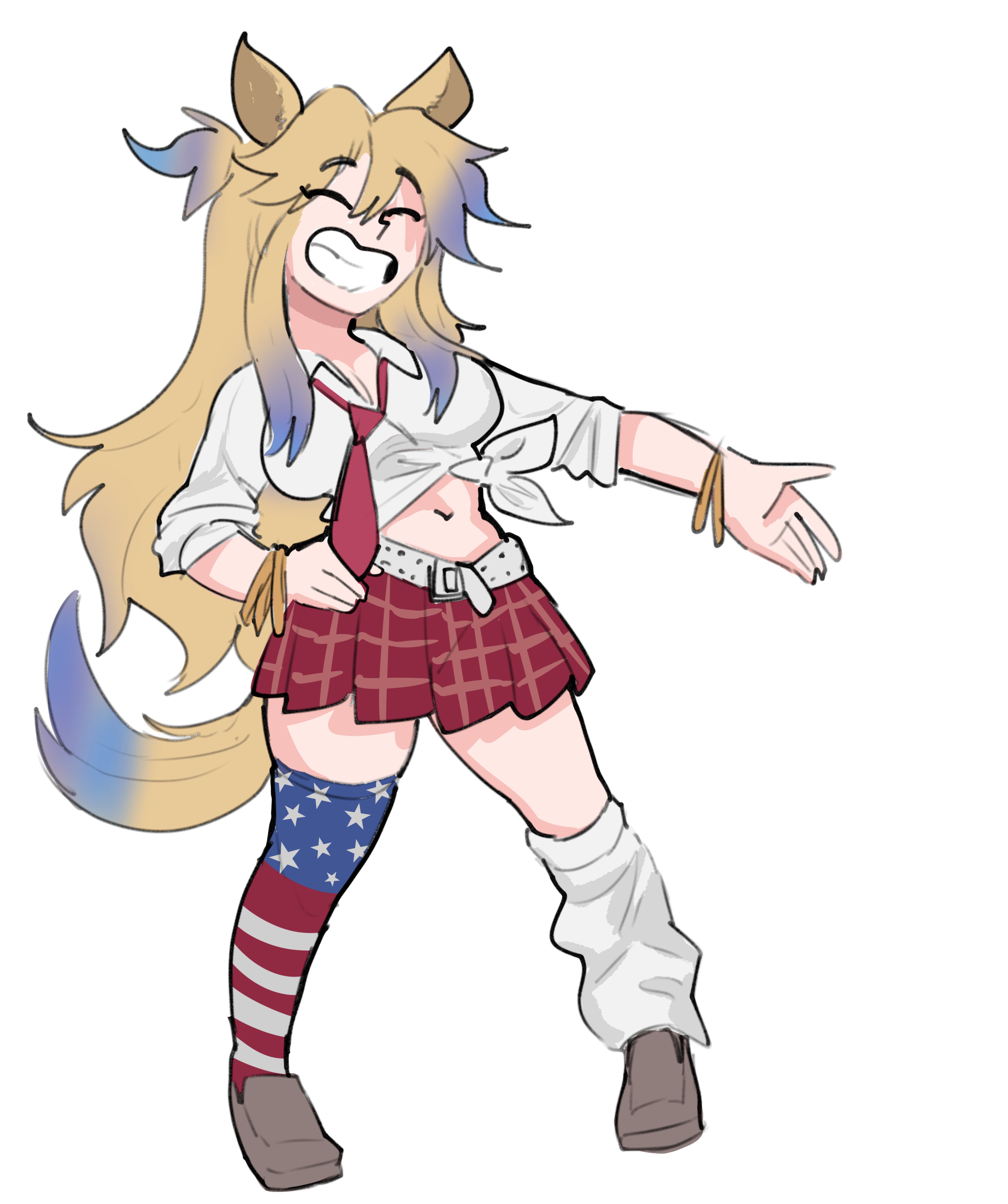 japvs, obey your master (umamusume), umamusume, umamusume: cinderella gray, absurdres, highres, 1girl, american flag, american flag legwear, american flag print, animal ears, asymmetrical legwear, blonde hair, blue hair, bracelet, breasts, closed eyes, flag print, full body, grin, horse ears, horse girl, horse tail, jewelry, large breasts, long hair, long sleeves, midriff, multicolored hair, navel, open mouth, pleated skirt, red skirt, shirt, shoes, simple background, single thighhigh, skirt, smile, socks, solo, tail, teeth, thighhighs, tied shirt, uneven legwear, white background, white shirt, white socks