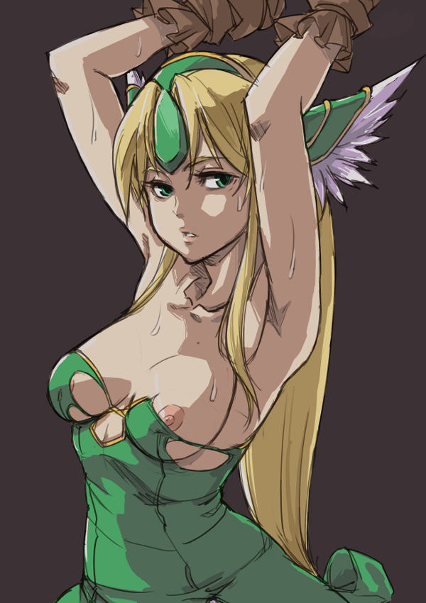 gus (clarkii), riesz, seiken densetsu, seiken densetsu 3, bad id, bad pixiv id, 1girl, armpits, arms up, bdsm, blonde hair, bondage, bound, breasts, female focus, gloves, green eyes, long hair, nipple slip, nipples, simple background, solo, sweat, torn clothes