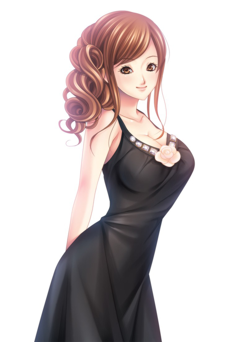 momoi komomo, original, bad id, bad pixiv id, 1girl, arms behind back, bare shoulders, black dress, breasts, brown eyes, brown hair, cleavage, curly hair, dress, fashion, female focus, flower, large breasts, long hair, smile, solo