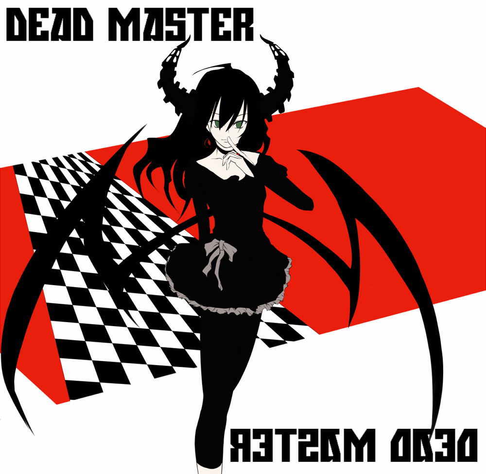 akatsuki-f, fugiwara nagato, dead master, black rock shooter, 10s, 1girl, black dress, black leggings, choker, demon wings, dress, female focus, frills, green eyes, horns, leggings, ribbon, solo, wings