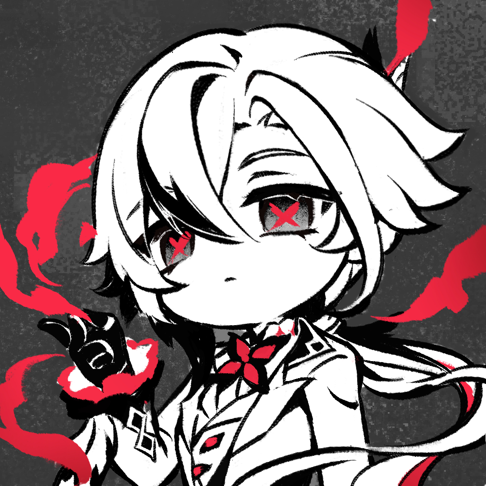 shixue shaonu lao, arlecchino (genshin impact), genshin impact, black eyes, black hands, chibi, chibi only, coat, colored extremities, fingernail gloves, multicolored hair, red pupils, streaked hair, symbol-shaped pupils, white coat, white hair