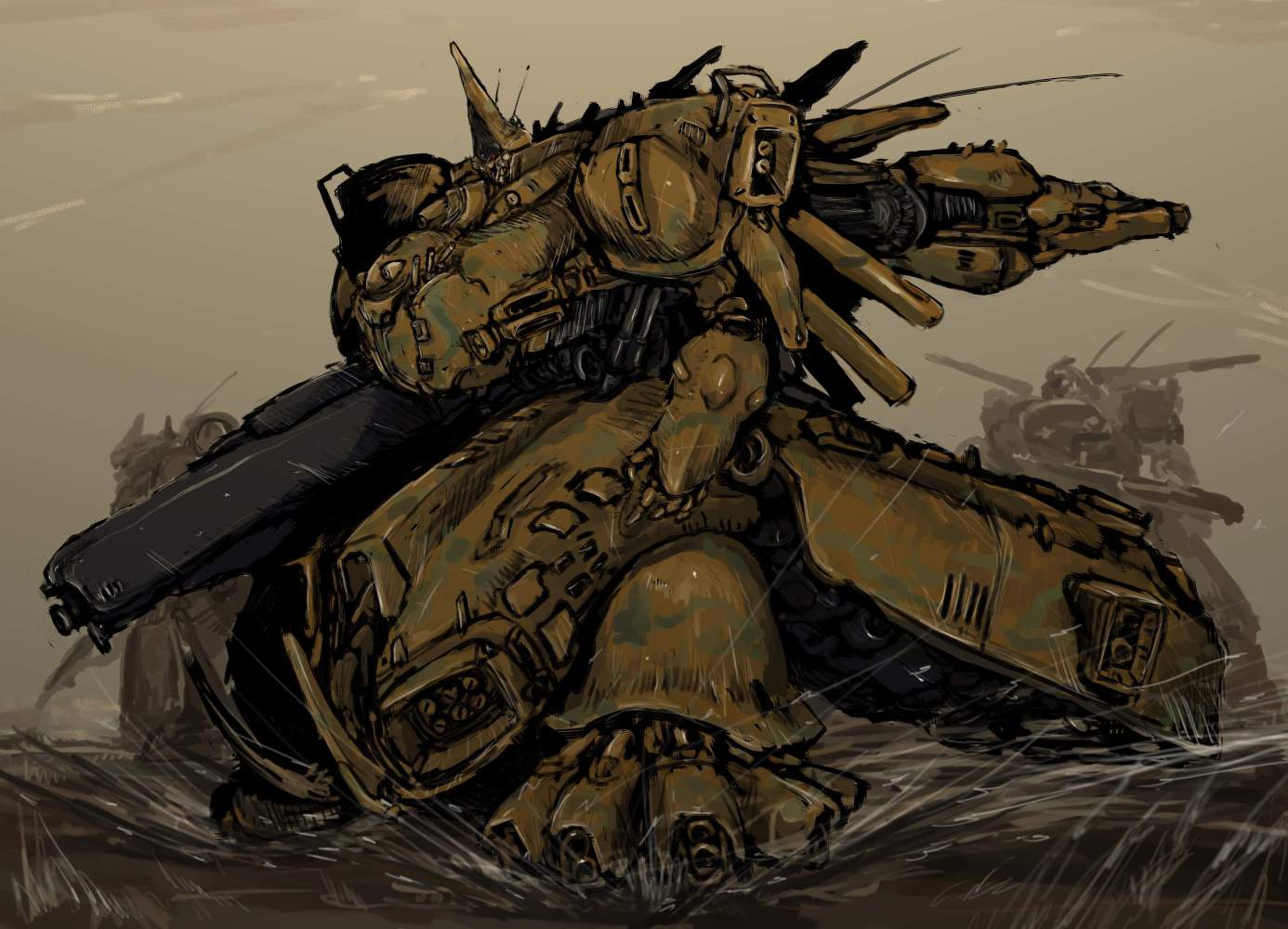 moto murabito, the o (mobile suit), the o ii, gundam, gundam the revival of zeon, zeta gundam, traditional media, gun, mecha, monochrome, no humans, robot, weapon