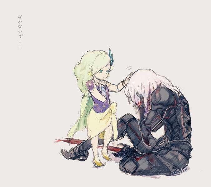 milkjam, cecil harvey, dark knight (final fantasy), rydia (ff4), rydia (young) (ff4), final fantasy, final fantasy iv, bad id, bad pixiv id, translated, 1990s (style), 1boy, 1girl, aged down, armor, blood, bloody weapon, cape, child, comforting, dark knight, earrings, face down, green eyes, green hair, hair ornament, hand on another's head, headpat, jewelry, long hair, pauldrons, retro artstyle, sad, shoes, shoulder armor, simple background, sitting, sketch, standing, star (symbol), sword, weapon, white hair, yellow shoes