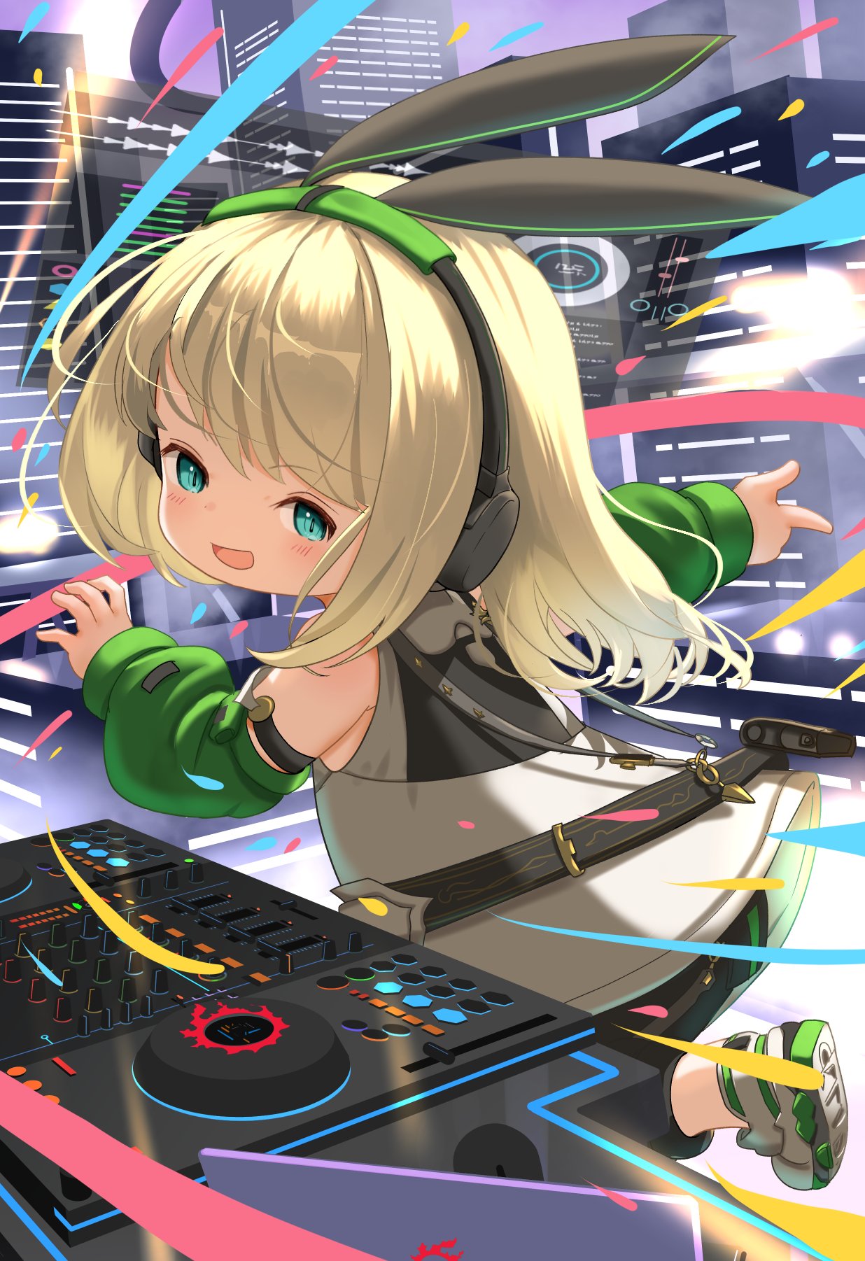 shelldy, warrior of light (ff14), final fantasy, final fantasy xiv, commentary request, highres, 1girl, :d, animal ear headphones, animal ears, aqua eyes, back, belt, blonde hair, cityscape, detached sleeves, dj, fake animal ears, finger gun, green sleeves, headphones, holographic interface, lalafell, light blush, long hair, looking at viewer, looking back, mixing console, open mouth, outstretched arm, phonograph, puffy sleeves, rabbit ear headphones, rabbit ears, shirt, sleeveless, sleeveless shirt, smile, solo, stepping, turntable, white shirt