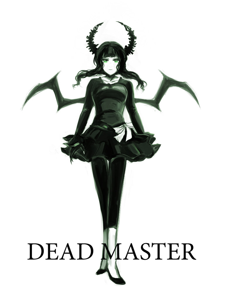 xkim, dead master, black rock shooter, bad id, bad pixiv id, 10s, 1girl, black dress, black hair, black leggings, demon girl, demon wings, dress, female focus, full body, green theme, horns, leggings, looking at viewer, monochrome, ribbon, simple background, solo, standing, wings