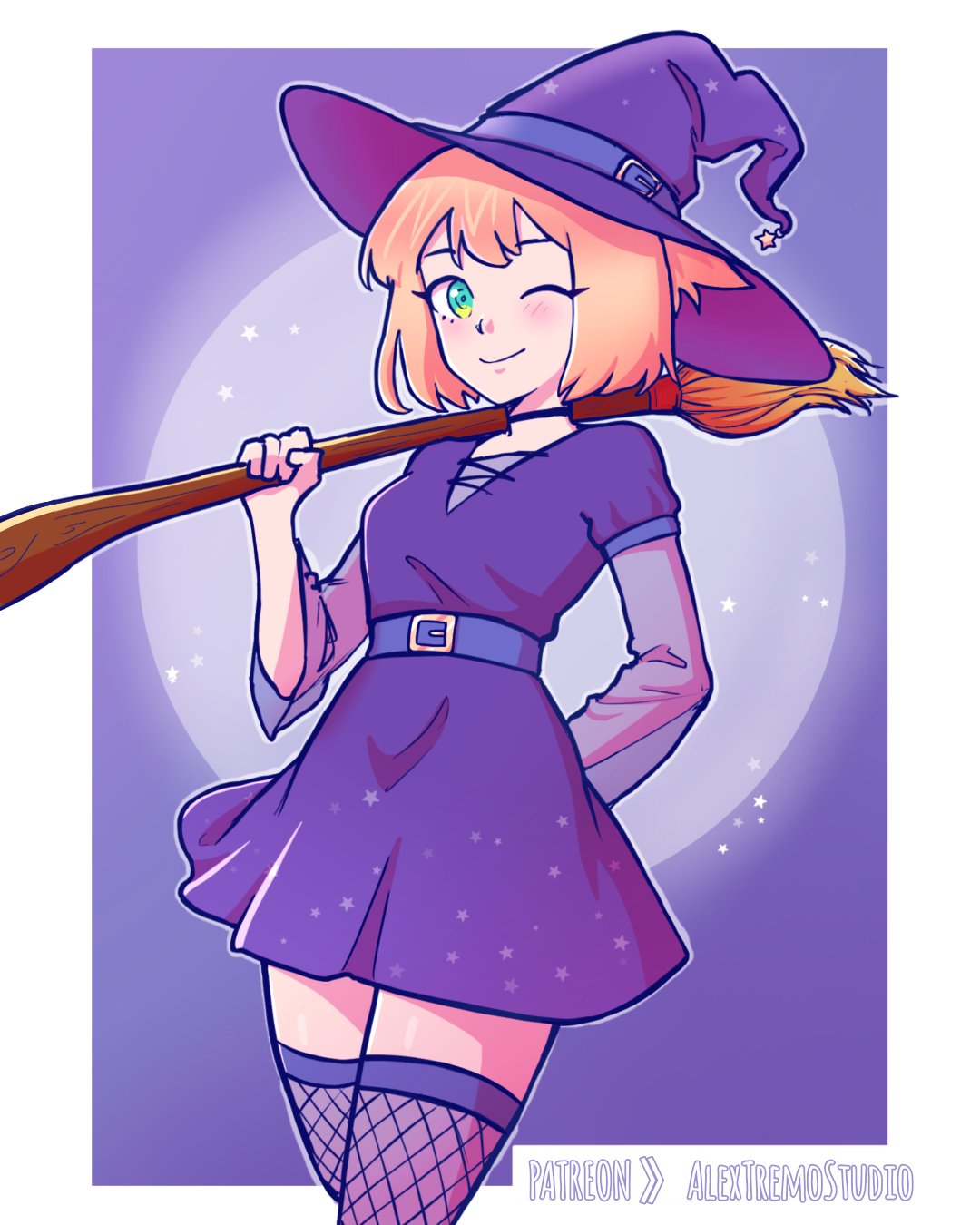 mimundoalex, original, commentary request, highres, 1girl, arm behind back, blonde hair, broom, cowboy shot, dress, fishnet thighhighs, fishnets, green eyes, hat, holding, holding broom, one eye closed, patreon username, ponytail, purple dress, see-through clothes, see-through sleeves, short dress, solo, spanish commentary, thighhighs, witch hat, zettai ryouiki