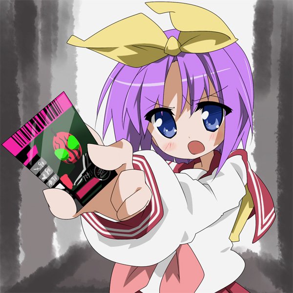 takeya yuuki, hiiragi tsukasa, kamen rider decade, kamen rider, lucky star, 00s, 1girl, card, female focus, holding, holding card, name connection, purple hair, ribbon, school uniform, serafuku, solo