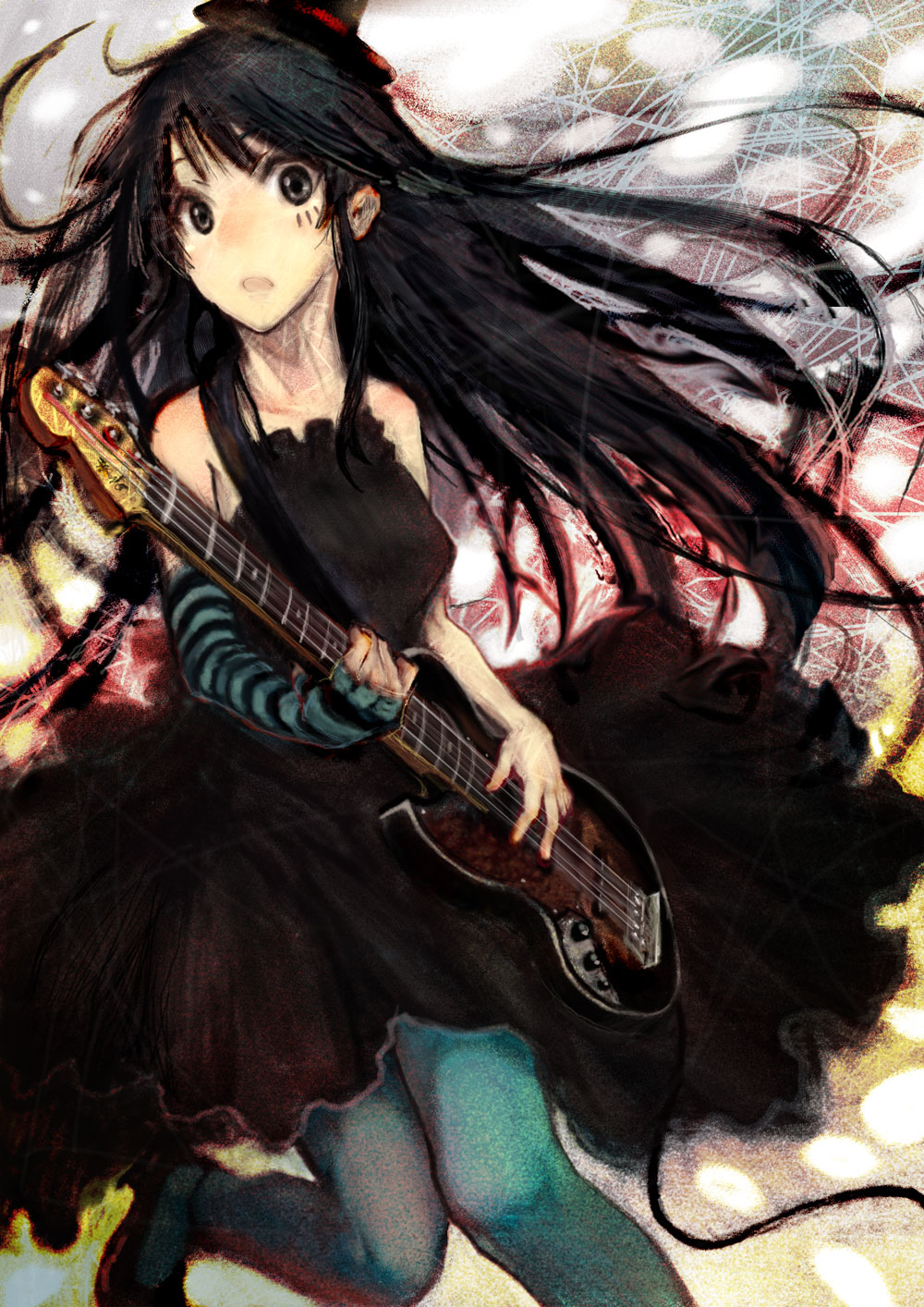 madokan suzuki, akiyama mio, don't say "lazy", k-on!, highres, 00s, 1girl, aqua pantyhose, bass guitar, black eyes, black hair, blue pantyhose, blunt bangs, dress, facepaint, female focus, fingerless gloves, gloves, hat, hime cut, instrument, long hair, mini hat, mini top hat, pantyhose, solo, top hat