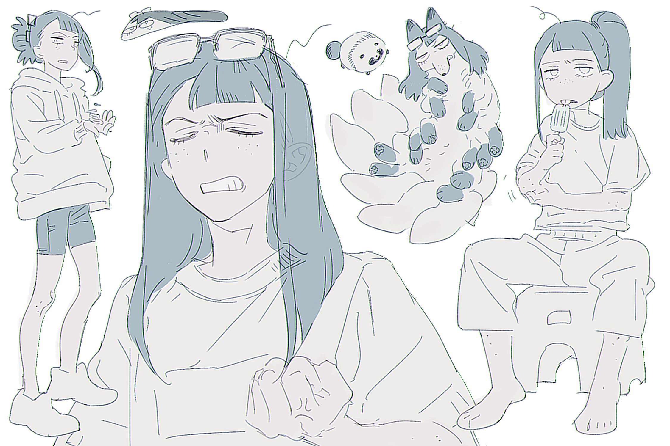 goblet 42, kanamori sayaka, eizouken ni wa te wo dasu na!, commentary, highres, 1girl, anger vein, asymmetrical bangs, clenched hand, closed eyes, eyewear on head, food, freckles, glasses, holding, holding food, holding popsicle, hood, hood down, long hair, ponytail, popsicle, raccoon, simple background, teeth, white background