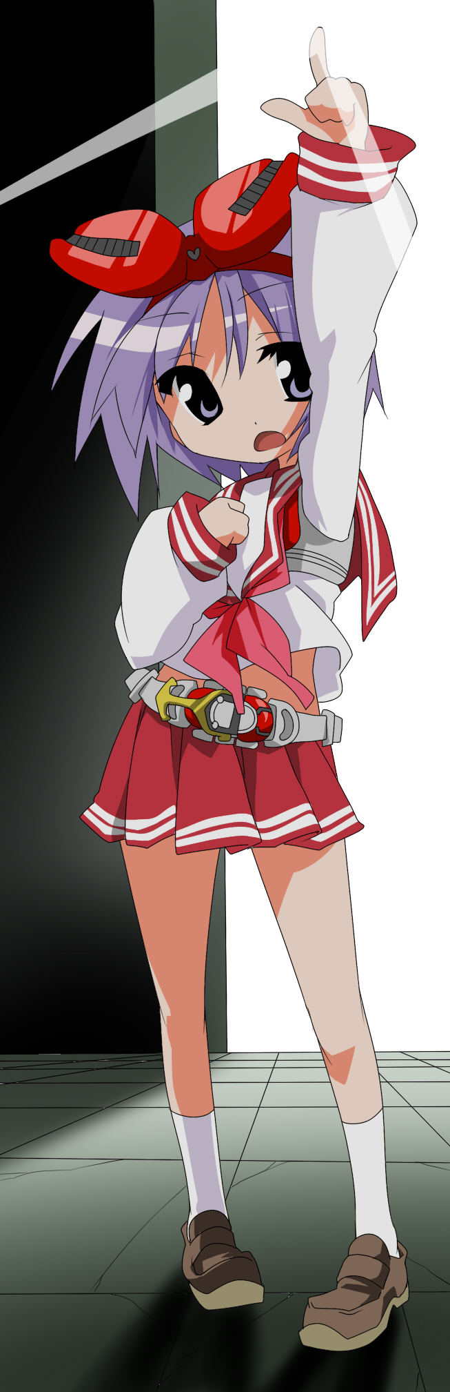 takeya yuuki, hiiragi tsukasa, kamen rider kabuto, kamen rider, lucky star, highres, long image, tall image, belt, parody, school uniform, serafuku, solo