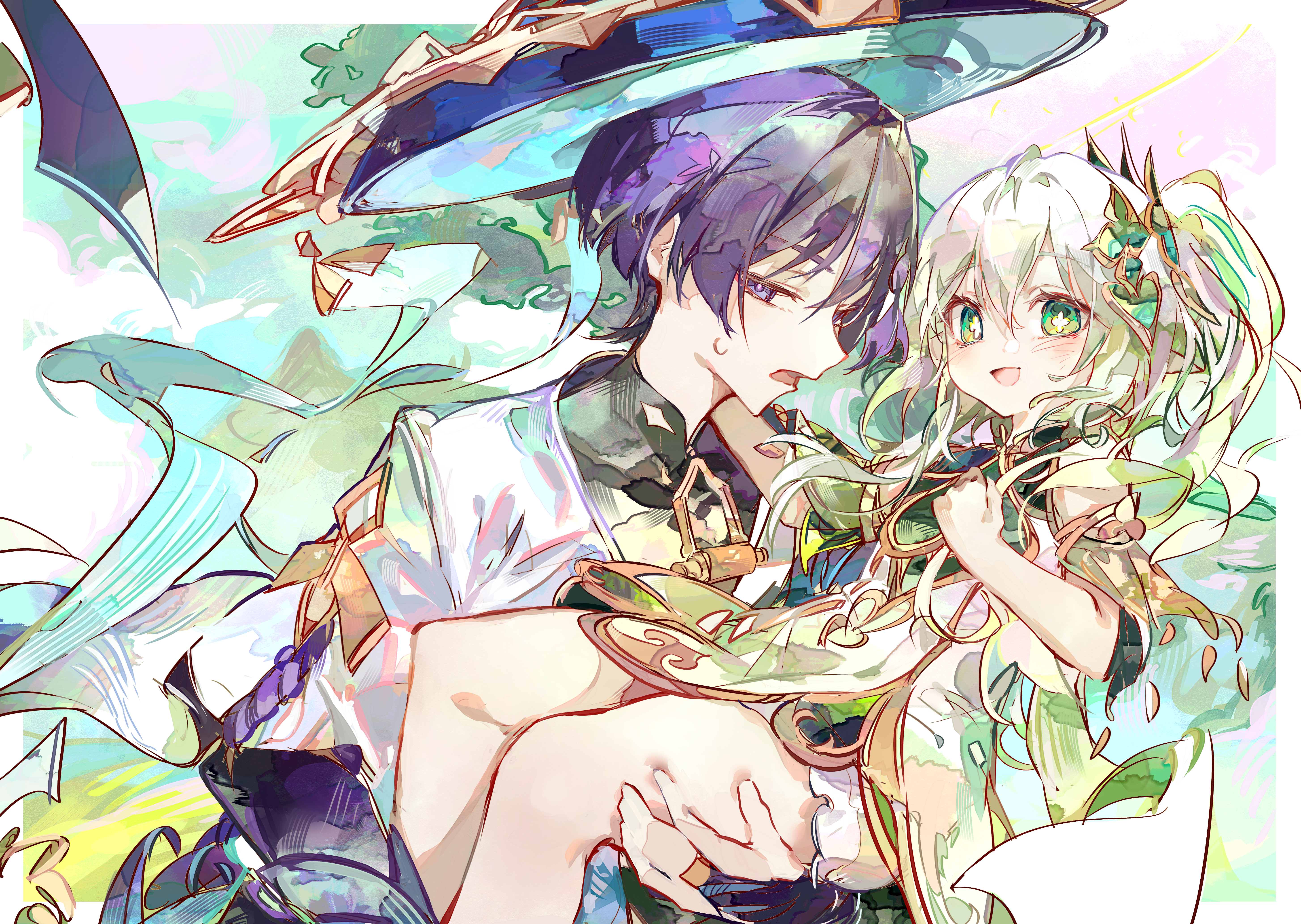 cocoballking, nahida (genshin impact), scaramouche (genshin impact), wanderer (genshin impact), genshin impact, absurdres, highres, 1boy, 1girl, bloomers, cross-shaped pupils, dress, green eyes, green hair, green sleeves, hair ornament, half crown braid, leaf hair ornament, side ponytail, symbol-shaped pupils, underwear, white bloomers, white hair