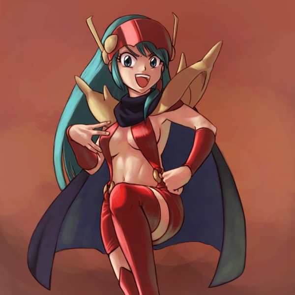 yam (artist), yamu (yamu), kuki rei, genji tsuushin agedama, bad id, bad pixiv id, 1990s (style), 1girl, aqua hair, cape, female focus, head-mounted display, long hair, miniskirt, open mouth, retro artstyle, revealing clothes, shoulder pads, skirt, smile, solo, thighhighs