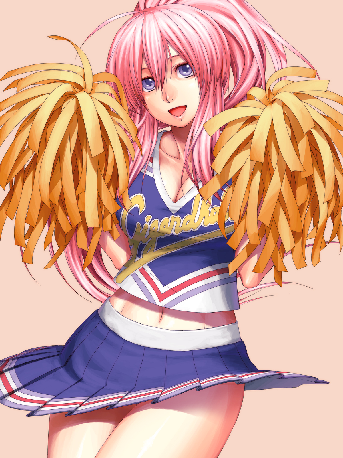 aoi subaru, pixiv fantasia, pixiv fantasia 3, highres, 1girl, ahoge, blue eyes, breasts, cheerleader, cleavage, collarbone, female focus, large breasts, long hair, midriff, navel, pink hair, pom pom (cheerleading), ponytail, purple eyes, simple background, skirt, smile, solo, thigh gap, thighs