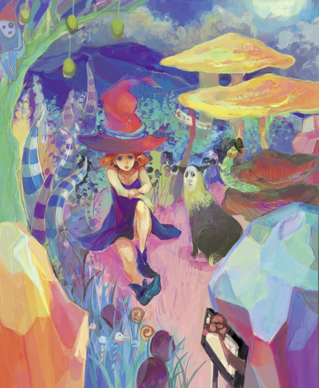 yoshinari ichie, original, 1girl, ankle boots, boots, caterpillar, dress, female focus, flower, hat, moon, mushroom, nature, purple eyes, red hair, scenery, solo, surreal, tentacles, tree, witch hat