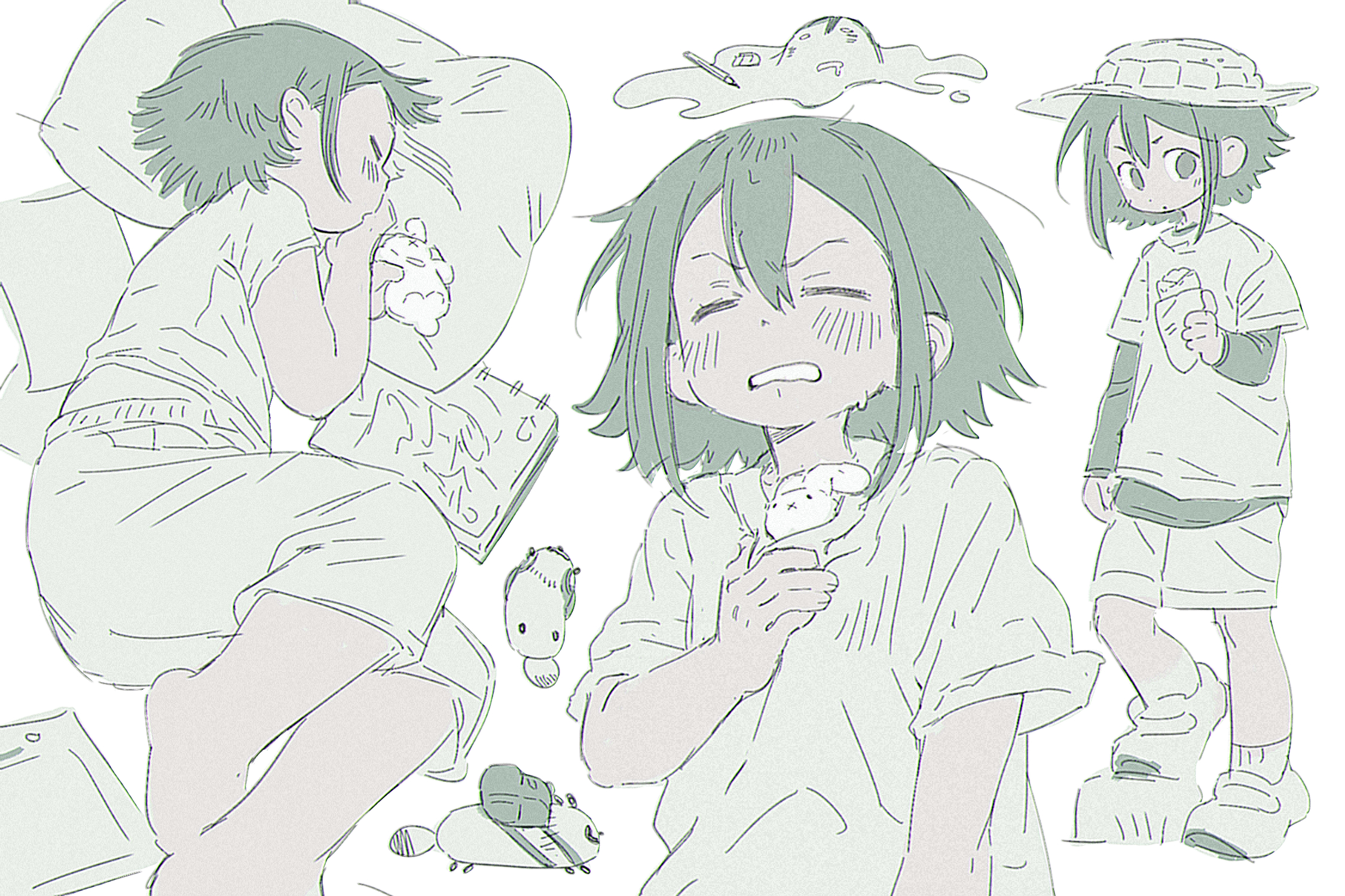 goblet 42, asakusa midori, eizouken ni wa te wo dasu na!, commentary, highres, 1girl, backpack, bag, boonie hat, closed eyes, pillow, raccoon, short hair, sketchbook, sleeping, stuffed animal, stuffed rabbit, stuffed toy