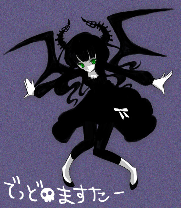 hanashika, dead master, black rock shooter, vocaloid, 10s, black dress, black hair, black leggings, demon girl, demon wings, dress, flats, green eyes, hana shika, horns, leggings, ribbon, skull, solo, wings