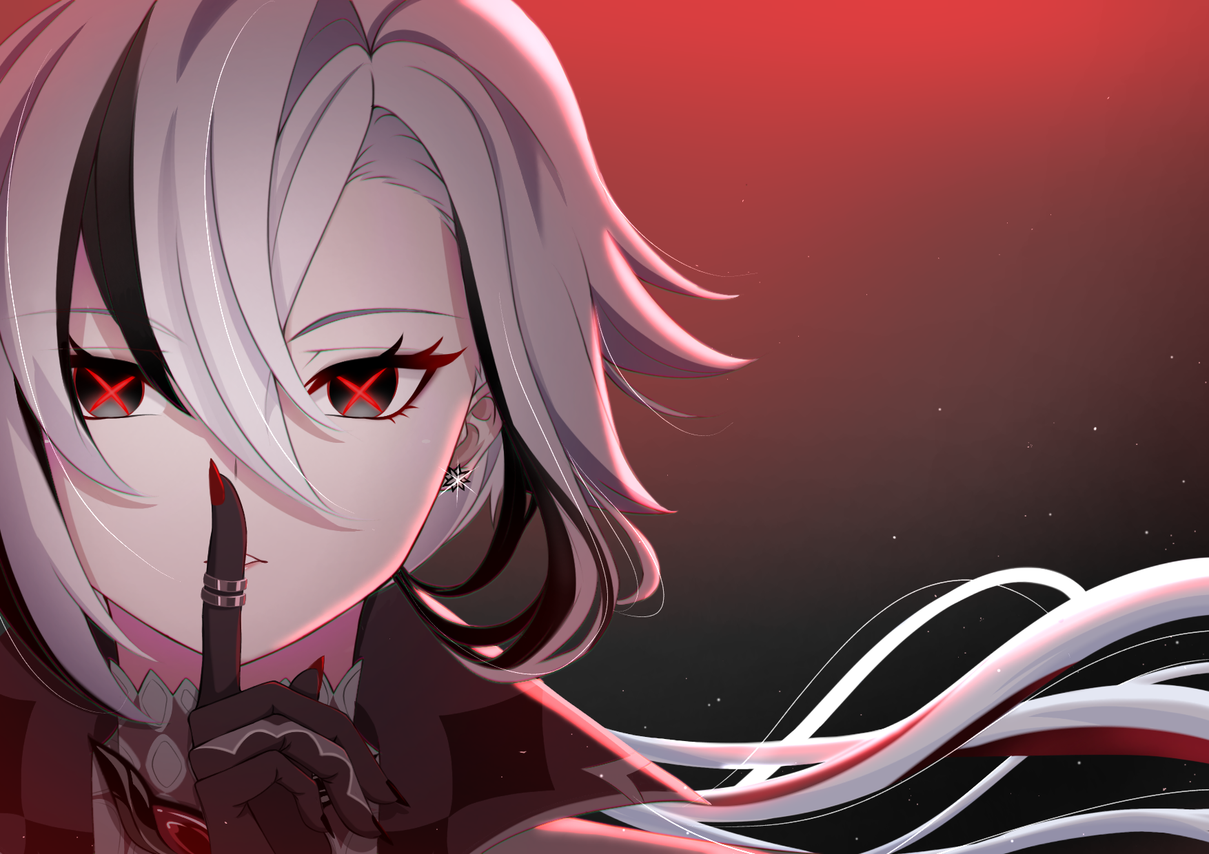 arlecchino (genshin impact), genshin impact, highres, 1girl, black eyes, black hair, finger to mouth, hair between eyes, long hair, multicolored hair, red pupils, shushing, simple background, streaked hair, symbol-shaped pupils, two-tone hair, user mwgd7442, white hair, x-shaped pupils