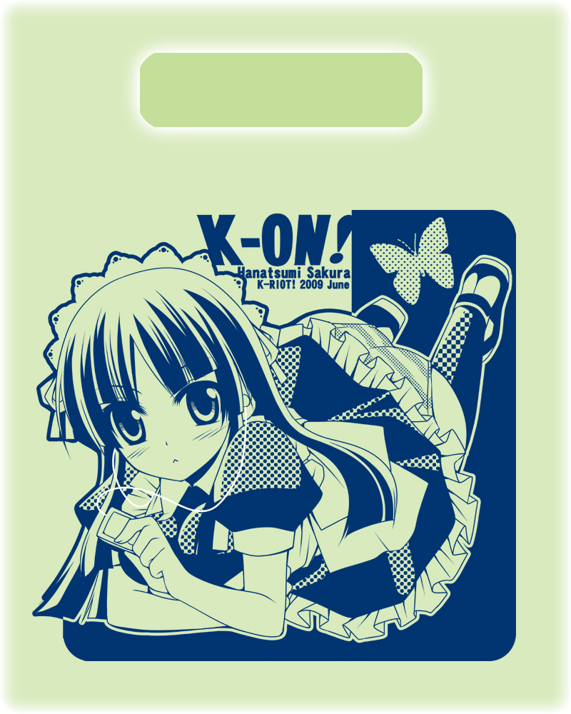 hanatsumi, sakura hanatsumi, akiyama mio, k-on!, striped, 00s, 1girl, :<, alternate costume, apron, blunt bangs, digital media player, enmaided, female focus, headdress, headphones, hime cut, long hair, maid, maid apron, monochrome, solo