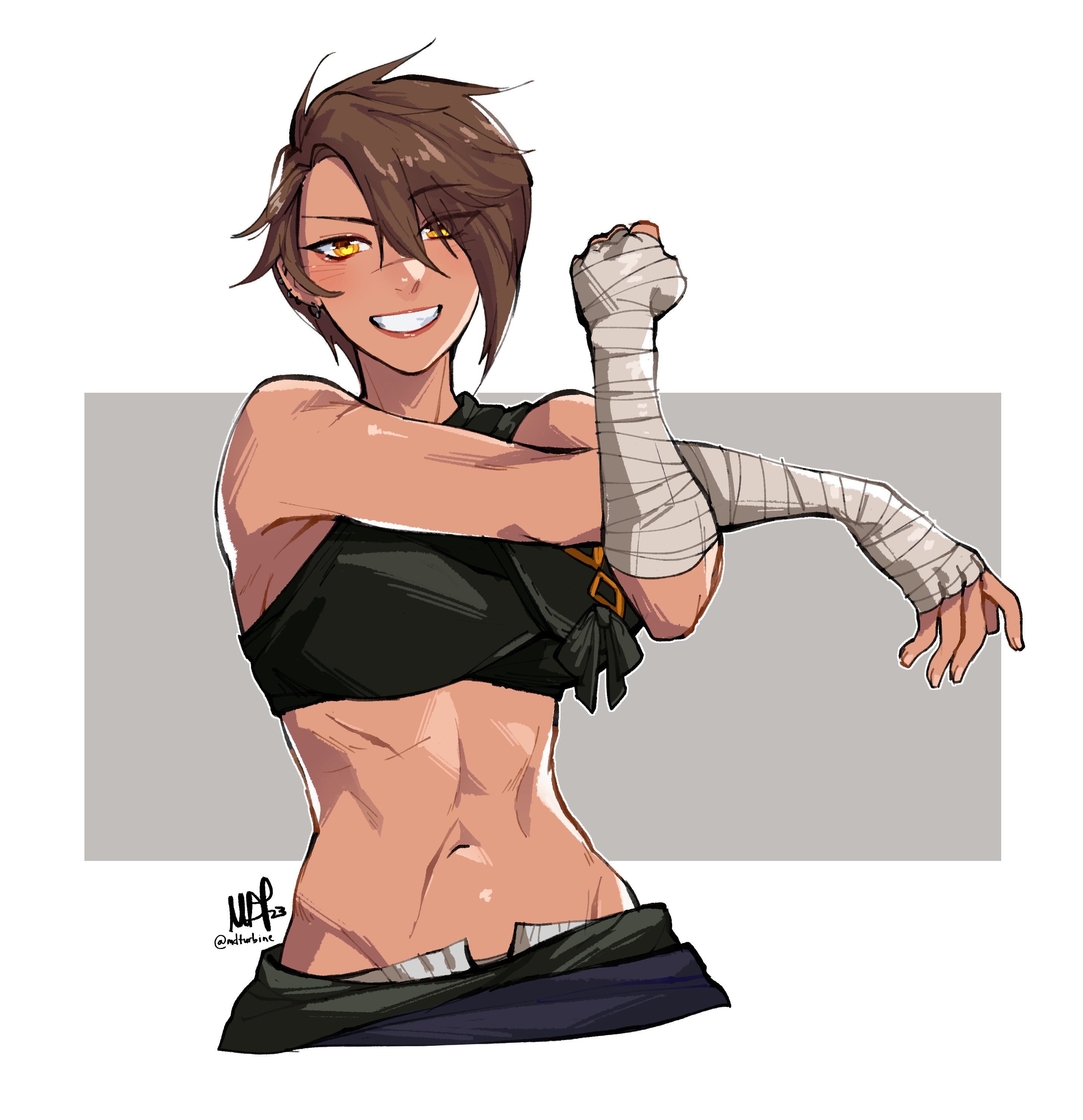 warrior of light (ff14), final fantasy, final fantasy xiv, original, absurdres, commentary, commission, english commentary, highres, 1girl, asymmetrical bangs, bandaged arm, bandaged hand, bandages, bare shoulders, brown hair, crop top, cross-body stretch, grin, hyur, ivara (ivaraxiv), mdturbine, navel, parted bangs, raised eyebrow, scar, scar on face, scar on nose, scar on stomach, short hair, signature, smile, solo, stomach, stretching, tomboy, twitter username, upper body, yellow eyes